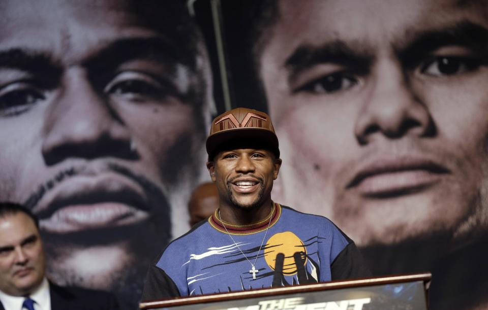 Boxer Floyd Mayweather Jr. speaks during a news conference Wednesday, April 30, 2014, in Las Vegas. Mayweather will face Marcos Maidana in a welterweight title fight on Saturday, May 3. (AP Photo/Isaac Brekken)