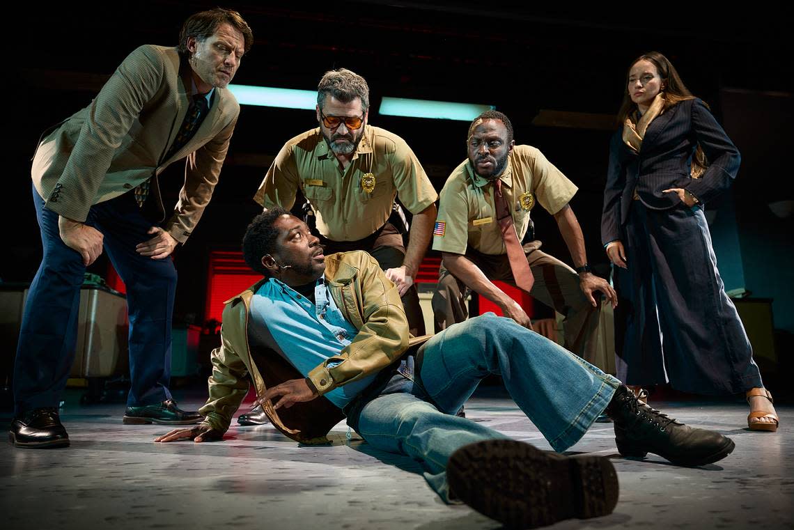 Roderick Randle as Arthur McDuffie, center, with, from left, Caleb Scott, Rene Granado, Jovon Jacobs and Krystal Millie Valdes in the Miami New Drama world premiere of Dangerous Days.”