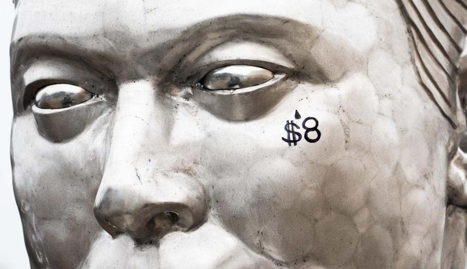 The Elon GOAT Token Monument features an "$8" symbol near its eye – a comment on the changes to Twitter verification – as the artwork created by fans of Elon Musk stood in a Costco parking lot of the South Austin on Nov. 22.