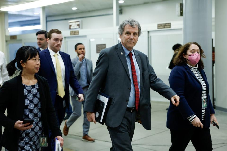 Sen. Sherrod Brown, D-Ohio walks to a closed-door, classified briefing for senators at U.S. Capitol Building on Feb. 14 in Washington.