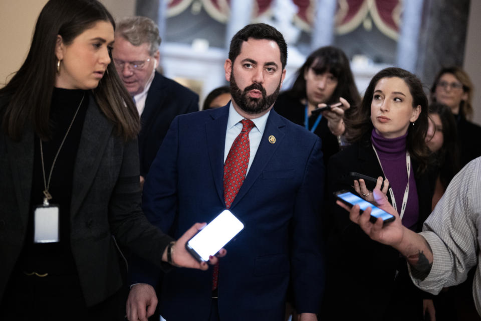 UNITED STATES - JANUARY 12: Rep. Mike Lawler, R-N.Y., talks with reporters in the U.S. Capitol before the last votes of the week on Friday, January 12, 2024. (Tom Williams/CQ-Roll Call, Inc via Getty Images)