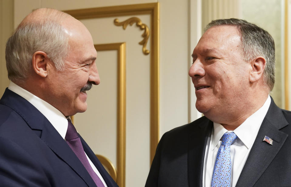 U.S. Secretary of State Mike Pompeo and Belarusian President Alexander Lukashenko attend a meeting in Minsk, Belarus, Saturday, Feb. 1, 2020. (Kevin Lamarque/Pool Photo via AP)