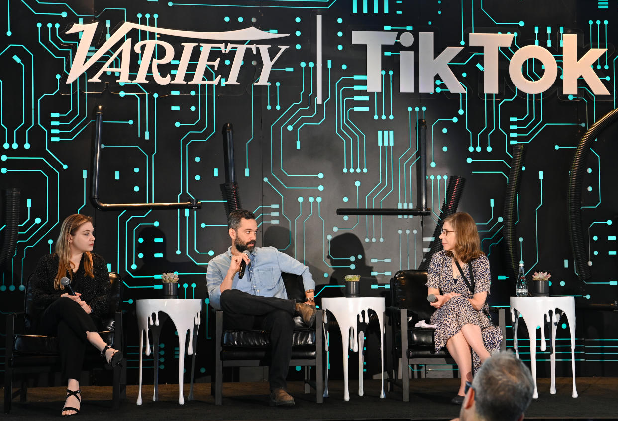 WEST HOLLYWOOD, CALIFORNIA - SEPTEMBER 18: (L-R) Jenny Maass, Neil Druckmann, and Cynthia Littleton, Co-Editor-in-Chief, Variety speak onstage at the "Strictly Business" live podcast taping during Gaming on TikTok Leadership Summit presented by Variety at The West Hollywood EDITION on September 18, 2024 in West Hollywood, California.  (Photo by Jon Kopaloff/Variety via Getty Images)