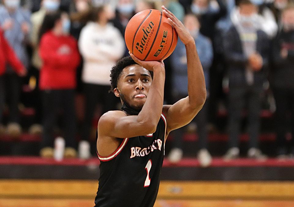 Brockton's Cameron Monteiro shoots a 3-pointer during a game against Hingham at Hingham High School on Monday, Jan. 24, 2022.