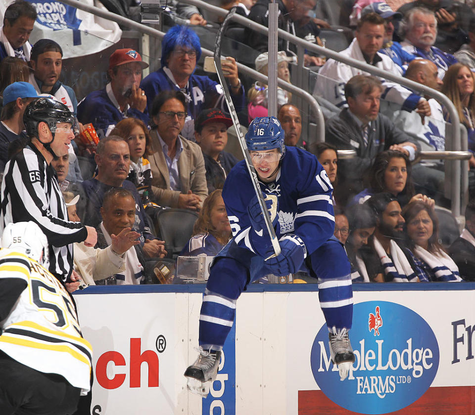 TORONTO, ON - OCTOBER 15: Mitchell Marner #16 of the Toronto Maple Leafs jumps to get out of the way of an incoming puck against the Boston Bruins during an NHL game on October 15, 2016 at the Air Canada Centre in Toronto, Ontario, Canada. The Leafs defeated the Bruins 4-1. (Photo by Claus Andersen/Getty Images)