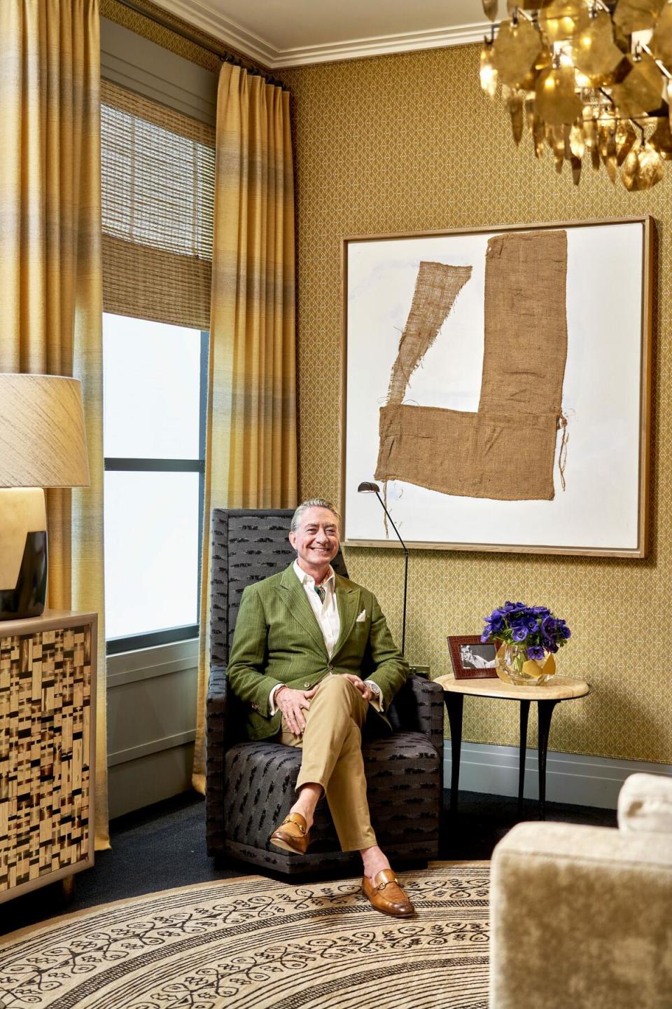 A soothing palette of amber, beige and bronze plus swathes of soft-to-the-touch silk and mohair make Timothy Mather’s day room a warm and cozy sanctorium