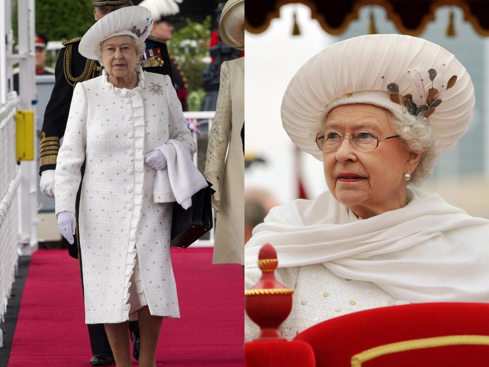 Side by side of the Queen in a white textured overcoat with metallic thread circles throughout and a ruffled center hemline. She has on a wide