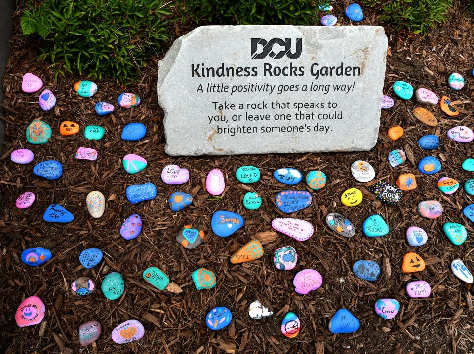 The Kindness Rocks Garden outside the DCU Center ahead of Worcester’s Tercentennial Celebration.