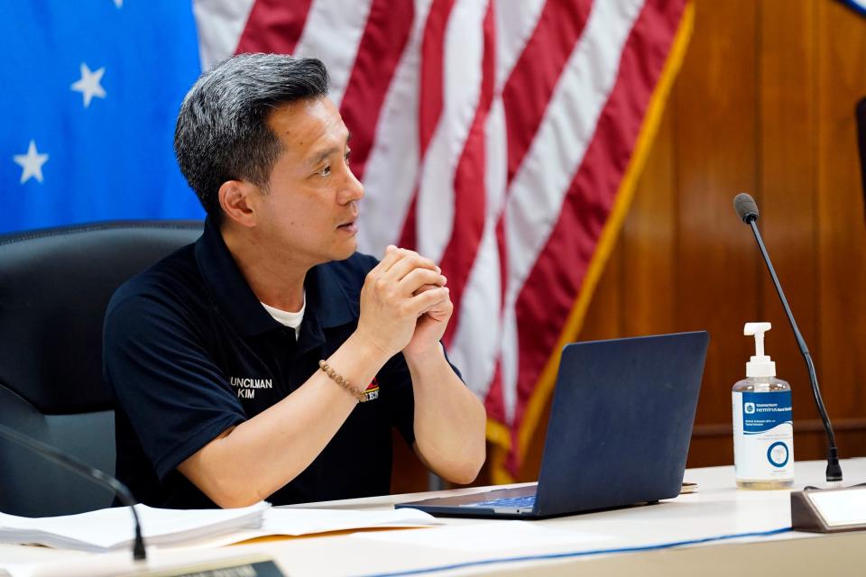 Palisades Park councilman Paul Kim speaks during a borough council meeting on Monday, May 23, 2022.