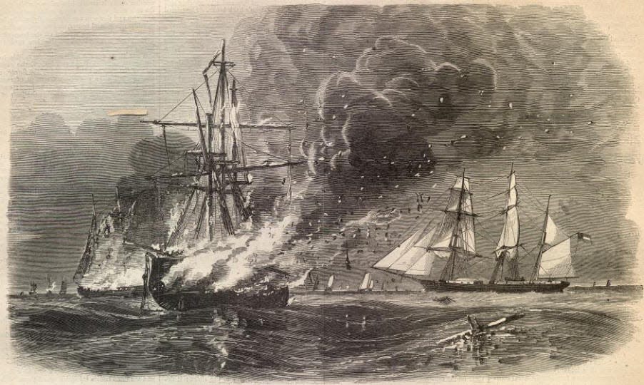 An illustration from the July 11, 1863, edition of Harpers Weekly shows the Confederate privateer Tacony burning a merchant vessel and "preparing to make a foray among fishing craft.”