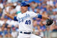 Aug 8, 2018; Kansas City, MO, USA; Kansas City Royals relief pitcher Heath Fillmyer (49) pitches against the Chicago Cubs in the first inning at Kauffman Stadium. Jay Biggerstaff-USA TODAY Sports