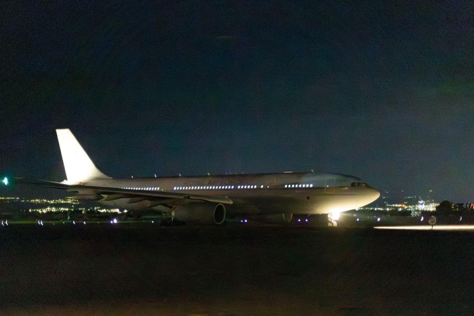 An RAF Voyager aircraft taking off from RAF Akrotiri in Cyprus to conduct airstrikes on military targets in Yemen (Ministry of Defence/PA)