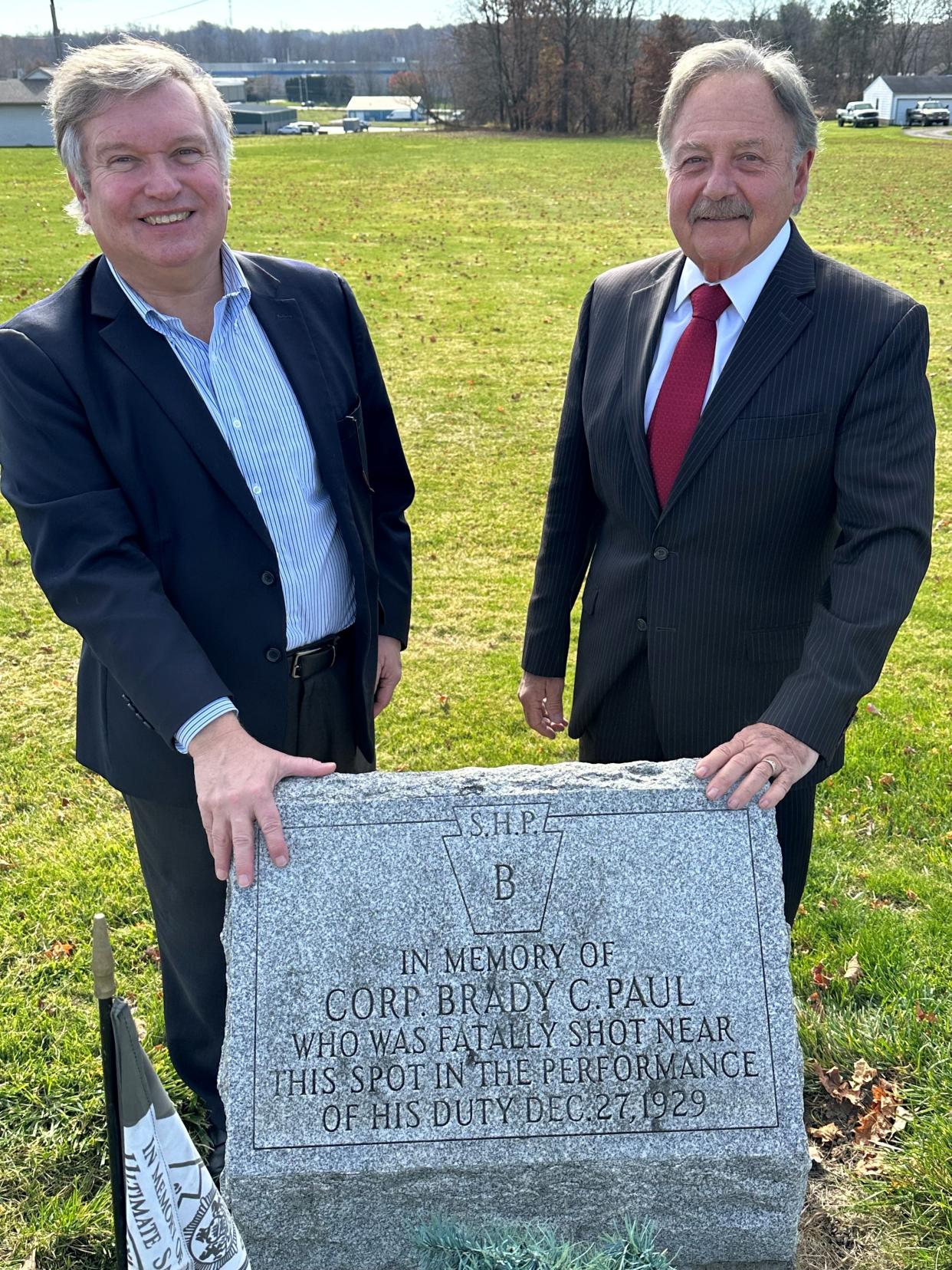 Lawrence County Commissioner Dan Vogler (left) and county President Judge Dominick Motto will participate in a ceremony Dec. 27 honoring state police Trooper Cpl. Brady Paul, who was killed in the county on that day in 1929.