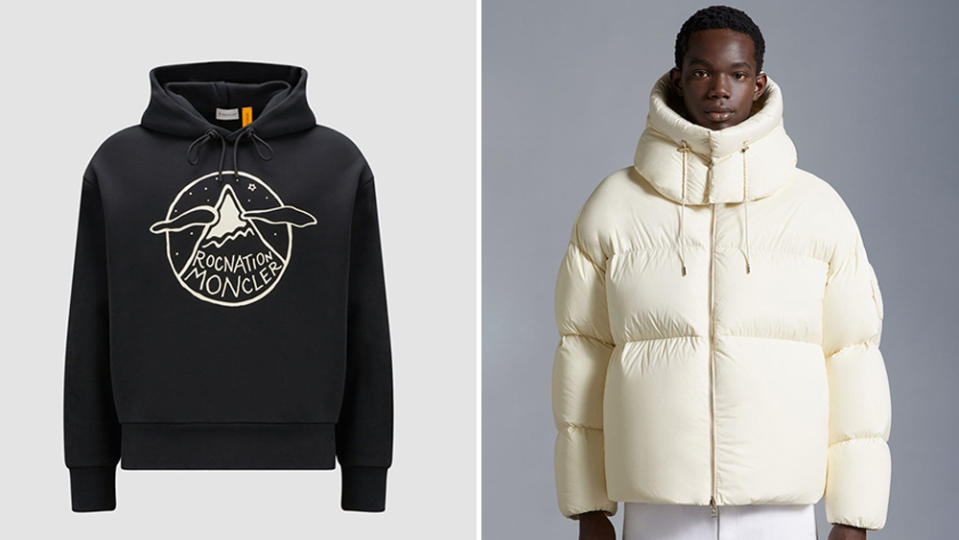 Moncler x Roc Nation by Jay-Z Logo Motif Hoodie ($760, left) and Antila Short Down Jacket ($2,270, right) 