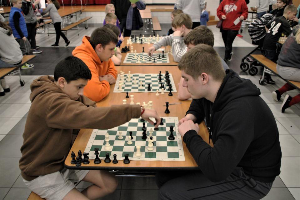 The Elgin Middle School Chess Club set up boards for students to play games on during the recent Math Night held Thursday, March 24, 2023, at Elgin Local Schools.