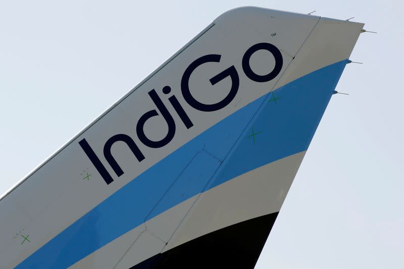 FILE PHOTO: A logo of IndiGo Airlines is pictured on passenger aircraft on the tarmac in Colomiers near Toulouse