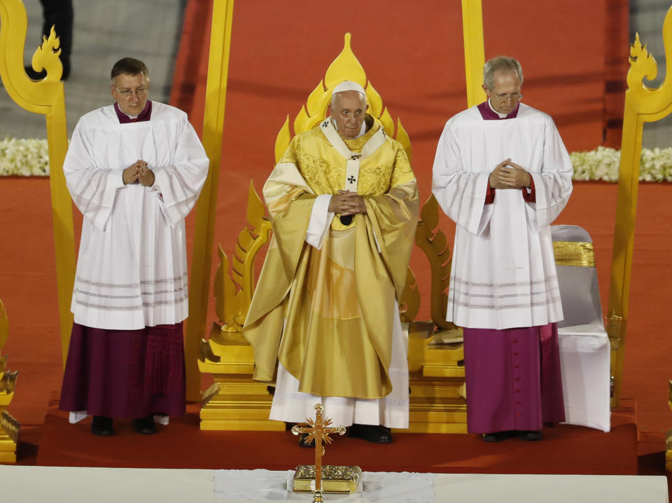 Pope Francis celebrates a Mass at the National Stadium, Thursday, Nov. 21, 2019, in Bangkok, Thailand. (AP Photo/Manish Swarup)