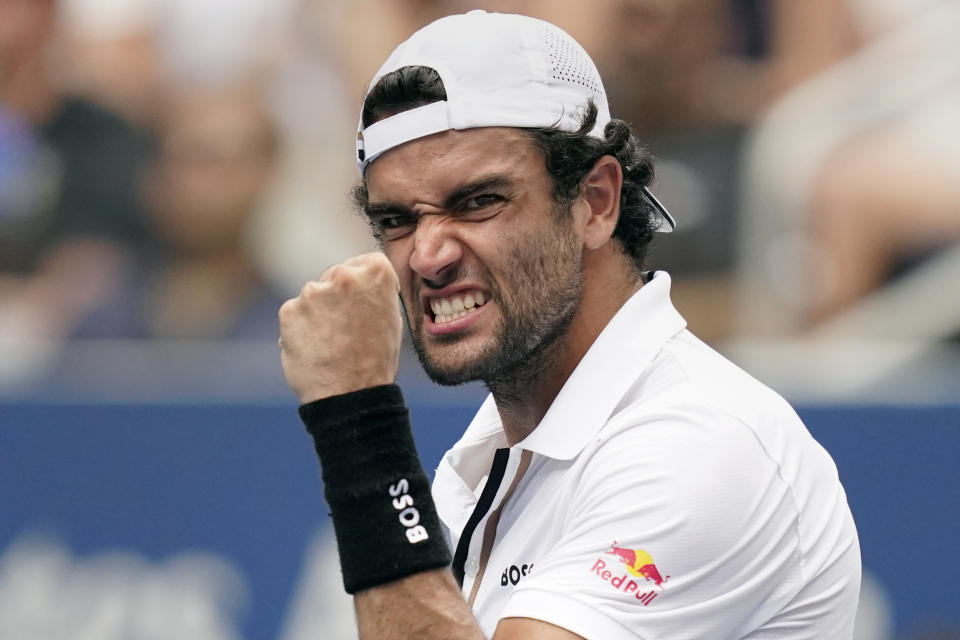 Matteo Berrettini, of Italy, celebrates after winning a point against Alejandro Davidovich Fokina, of Spain, during the fourth round of the U.S. Open tennis championships, Sunday, Sept. 4, 2022, in New York. (AP Photo/Julia Nikhinson)