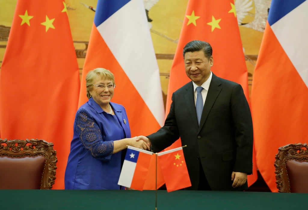 Former Chilean President Michelle Bachelet (L) and Chinese President Xi Jinping attend a signing ceremony ahead of the Belt and Road Forum in Beijing, China in 2017 (Getty Images)