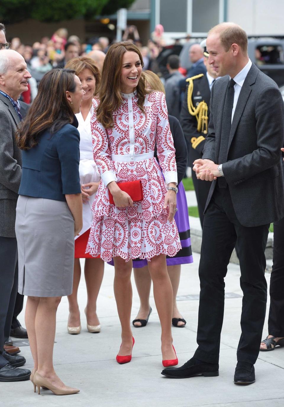 <p>The Duke and Duchess arrived in Vancouver, British Columbia by seaplane and greeted the crowd. Duchess Kate wore an Alexander McQueen dress with matching red pumps and a clutch.</p>