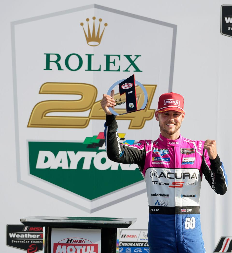 Tom Blomqvist celebrates in victory lane after doing the NO. 60 Myer Shank Racing Acura ARX-06  to win the pole for the running of the Rolex 24 at Daytona during Roar Before the 24 Daytona qualifying at Daytona International Speedway, Sunday, Jan. 22, 2023.