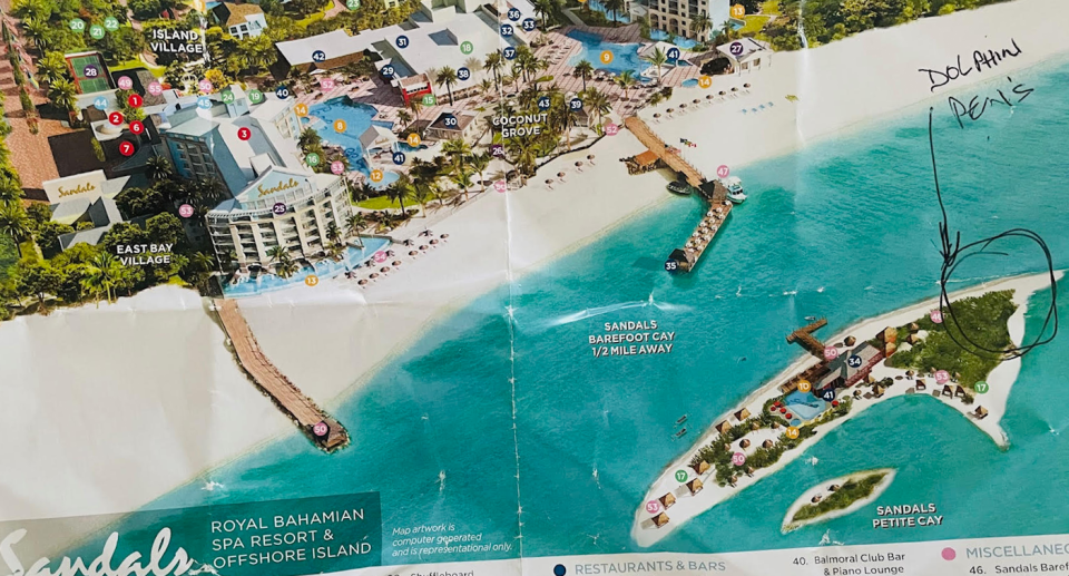 A Sandals hotel map with the dolphin park location marked on the side.