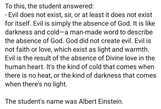 The image contains text about a student, Albert Einstein, explaining that evil is the absence of God, similar to how darkness is the absence of light