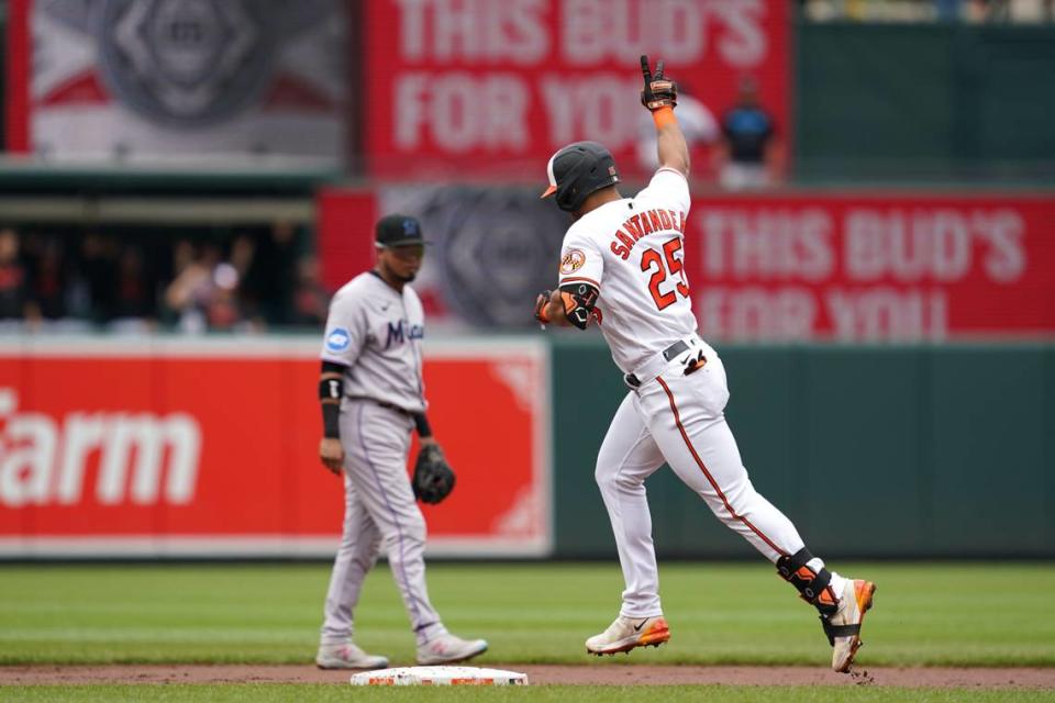 Baltimore Orioles  outfielder Anthony Santander (25) rounds the bases following his two run home run in the first inning against the Miami Marlins at Oriole Park at Camden Yards.
