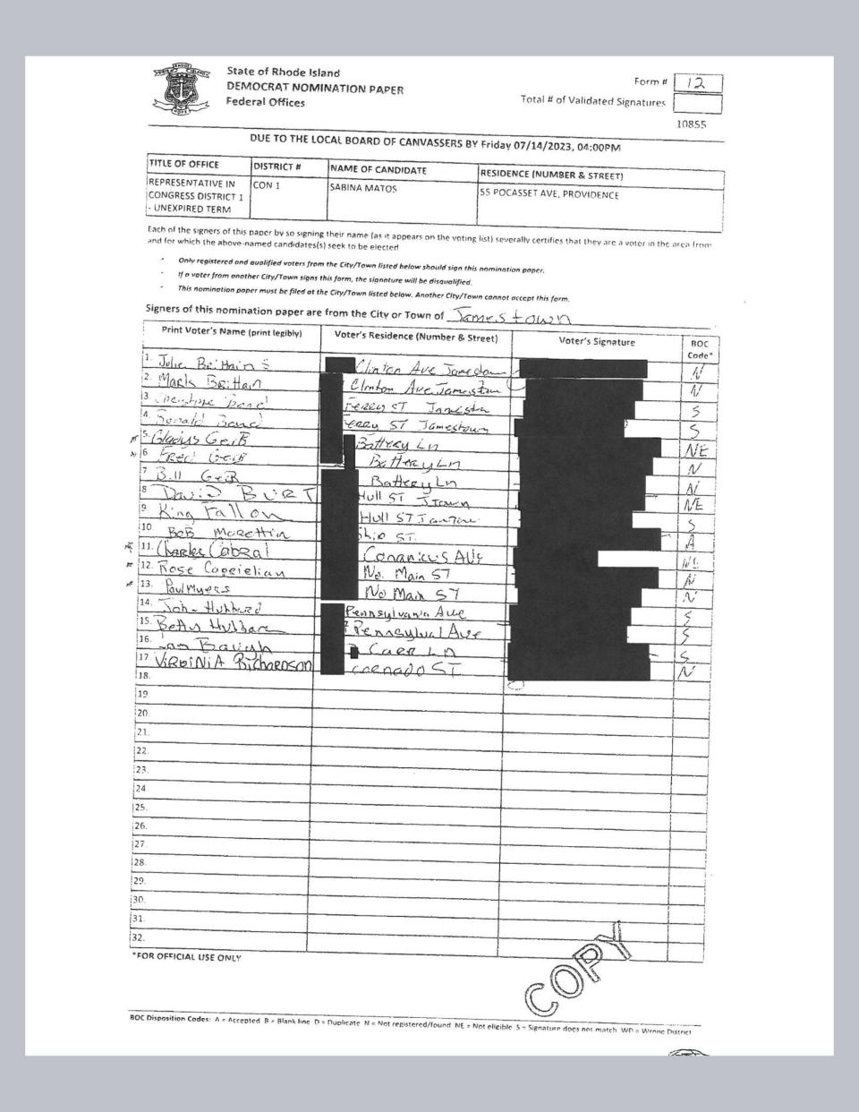 A page from the nomination papers turned in to Jamestown by the campaign of Sabina Matos. Jamestown Town Clerk Roberta J. Fagan blacked out portions of the public records, citing privacy concerns.