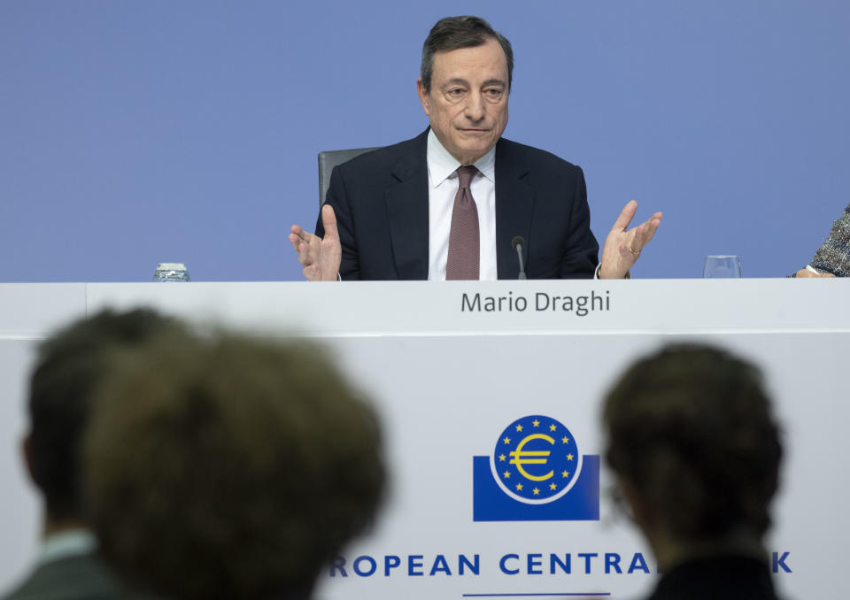 FRANKFURT AM MAIN, GERMANY - MARCH 07: Mario Draghi, President of the European Central Bank (ECB), speaks to the media following a meeting of the ECB Governing Council at ECB headquarters of March 7, 2019 in Frankfurt, Germany. Economic growth in the Eurozone group of nations has stalled, partially due to uncertainties caused by the tariff conflicts initiated by the administration of U.S. President Donald Trump, both with China and the European Union. (Photo by Thomas Lohnes/Getty Images)