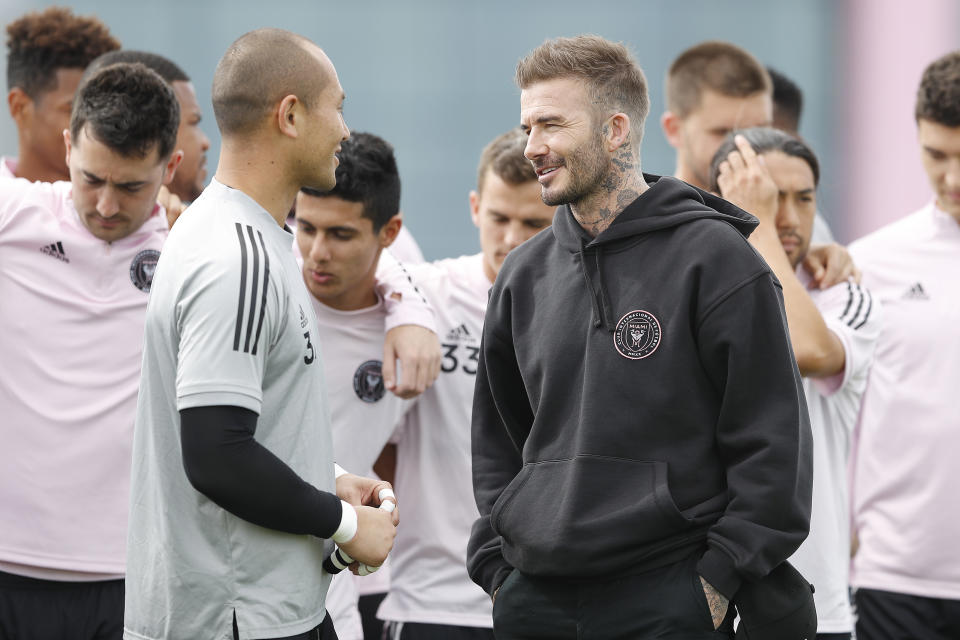 Global icon David Beckham (right) is the co-owner and president of soccer operations for Inter Miami, which kicks off its maiden MLS season Sunday. (Michael Reaves/Getty)