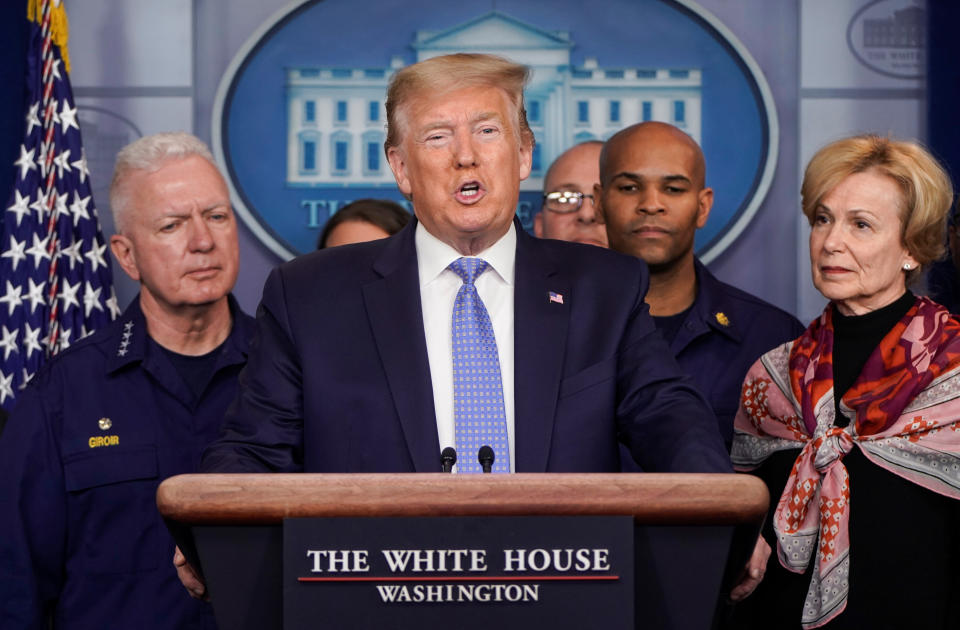 President Trump gives a news briefing on the administration's response to the coronavirus at the White House on Sunday. (Joshua Roberts/Reuters)