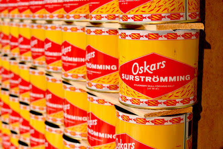 Swedish cans of surstromming, a Baltic Sea herring demented in brine for six month, labelled as one of the worst smelling foods in the world, are displayed at the Disgusting Food Museum in Malmo, Sweden November 1, 2018. REUTERS/Mikael Nilsson