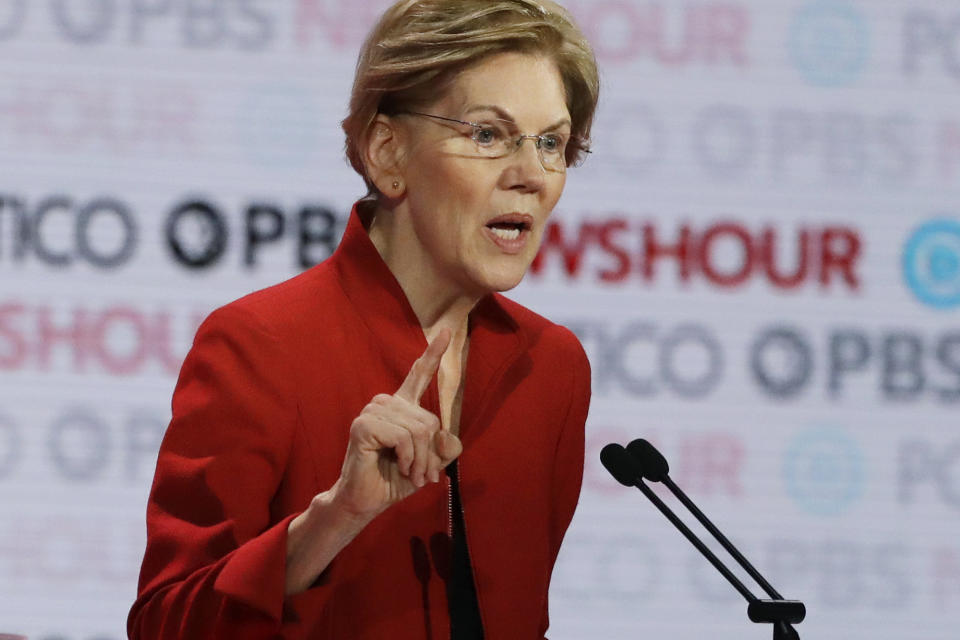 Democratic presidential candidate Sen. Elizabeth Warren, D-Mass., speaks during a Democratic presidential primary debate Thursday, Dec. 19, 2019, in Los Angeles. (AP Photo/Chris Carlson)