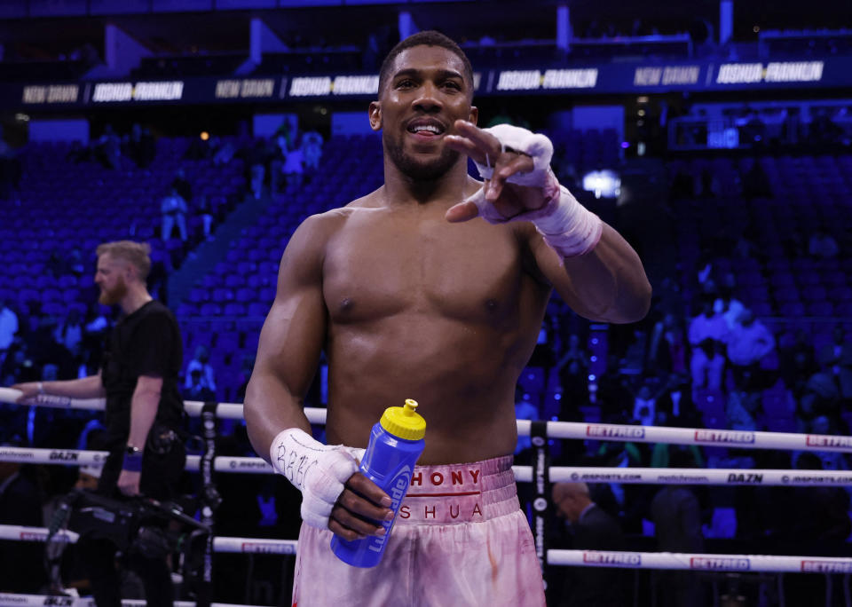 Boxing - Anthony Joshua v Jermaine Franklin - O2 Arena, London, Britain - April 1, 2023 Anthony Joshua celebrates after winning his fight against Jermaine Franklin Action Images via Reuters/Andrew Couldridge