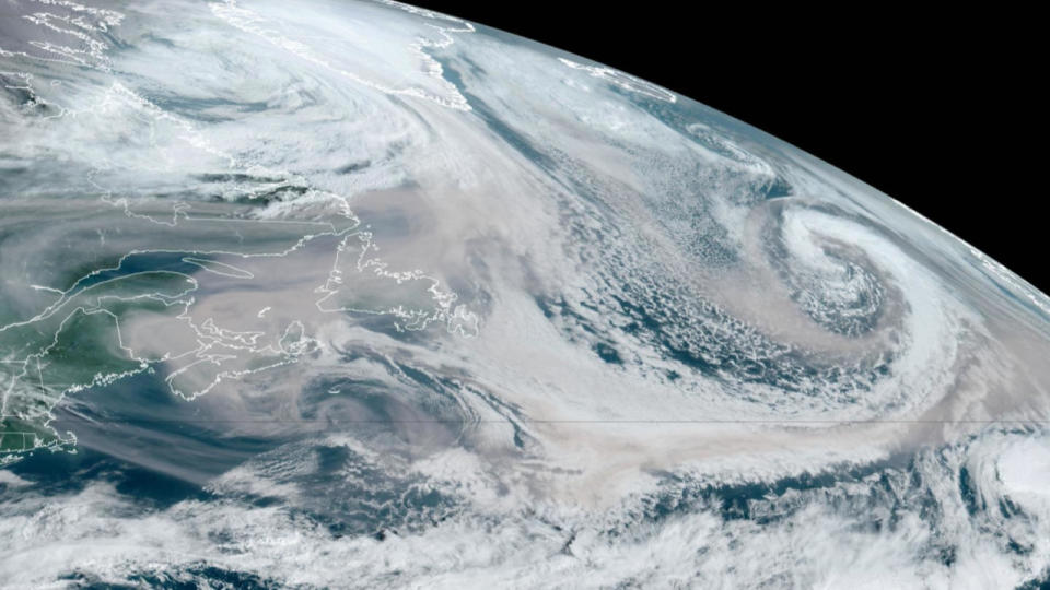 Impressive amount of Canadian wildfire smoke wrapped up in a UK storm