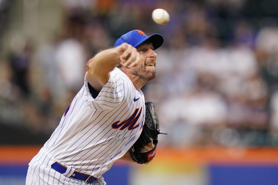New York Mets' Max Scherzer pitches during the first inning of the team's baseball game against the New York Yankees on Wednesday, July 27, 2022, in New York. (AP Photo/Frank Franklin II)