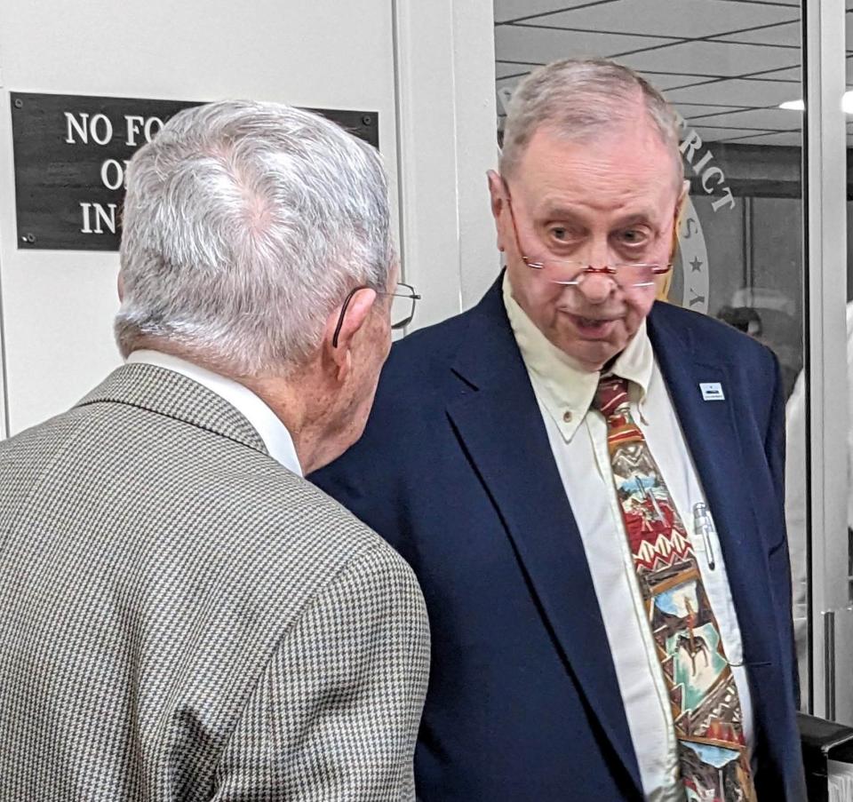 Frank Douthitt, a Clay County attorney and former district judge, steps out of the 97th District Courtroom Thursday in the Montague County Courtroom for a quick talk. Douthitt is one of the petitioners seeking to remove Sheriff Jeffrey Lyde from elected office.