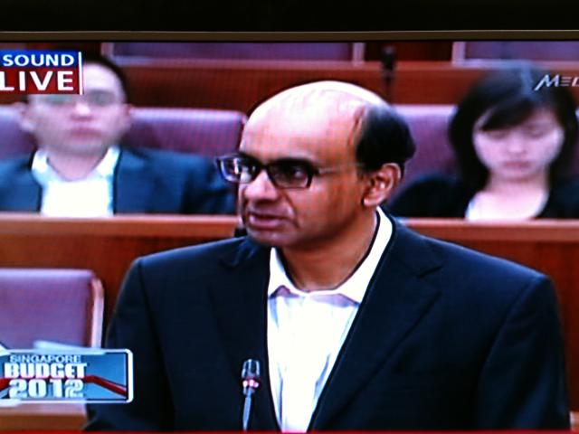 Finance Minister Tharman Shanmugaratnam delivers a Budget 2012 which will reduce dependance on foreign workers. (TV screengrab)