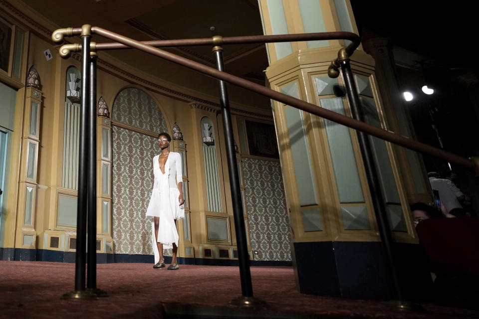 A model wears a creation of Francesca Liberatore Spring Summer 2022 collection, unveiled during the Milan Fashion Week, in Milan, Italy, Sunday, Sept. 26, 2021. (AP Photo/Luca Bruno)