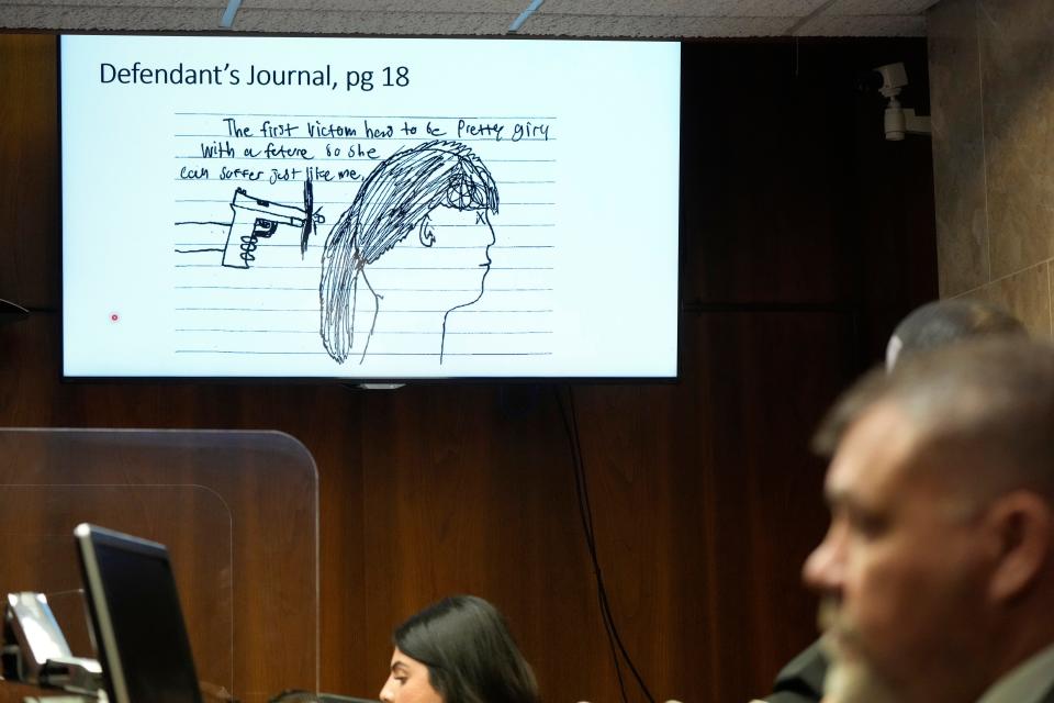 In an image from a video, a page from Ethan Crumbley's journal is displayed in court on Thursday, July 27, 2023, in Pontiac.