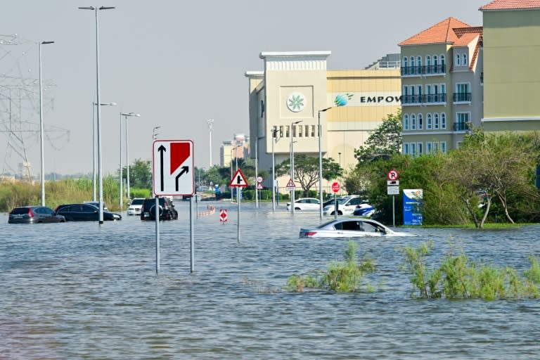 Des voitures piégées dans les eaux le 19 avril 2024 dans une rue inondée de Dubaï, après des pluies torrentielles (Giuseppe CACACE)