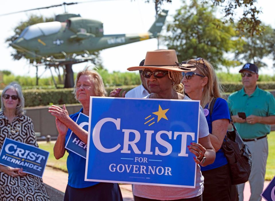 Supporters of Charlie Crist gather Thursday at Veterans Memorial Park in Pensacola to hear the Democratic gubernatorial candidate speak.