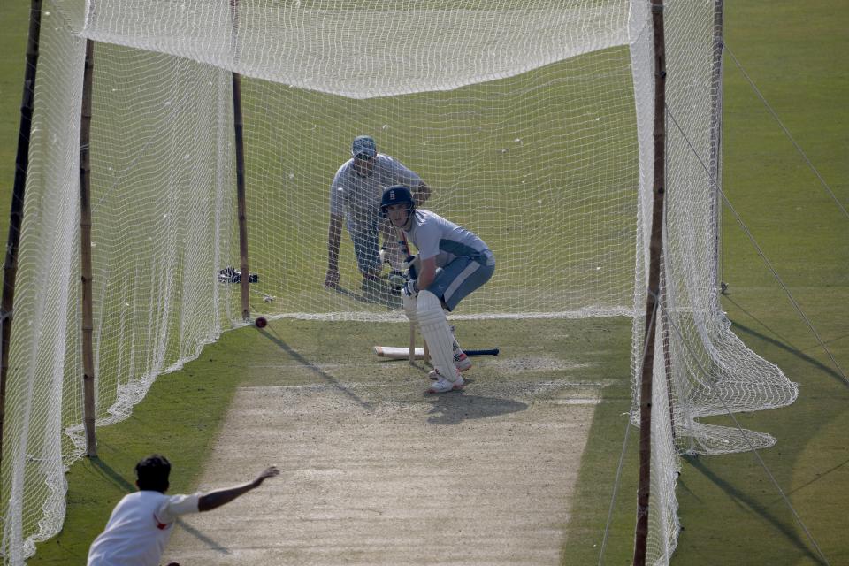 England's Harry Brook, center, bats during a training session, in Rawalpindi, Pakistan, Wednesday, Nov. 30, 2022. (AP Photo/Anjum Naveed)