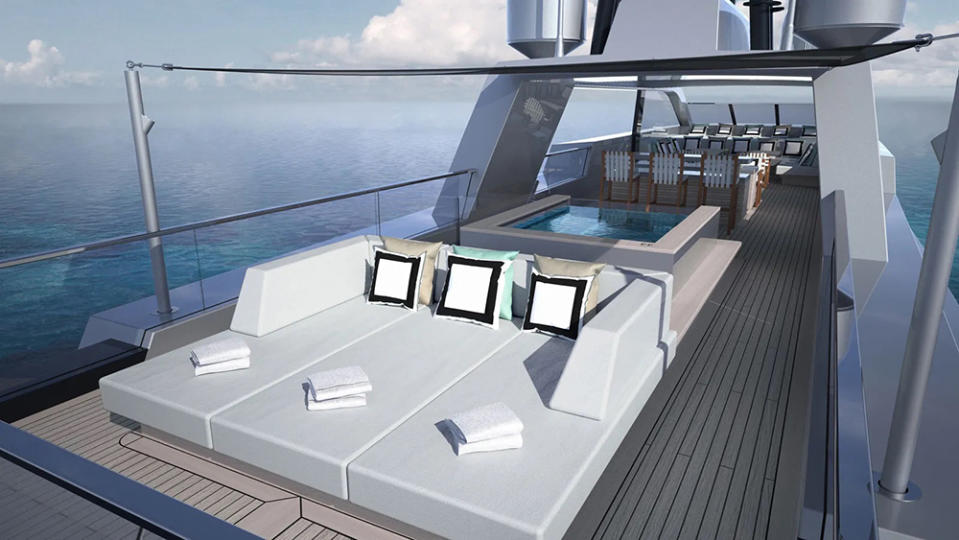 The sun deck features a Jacuzzi and alfresco dining area. - Credit: SilverYachts