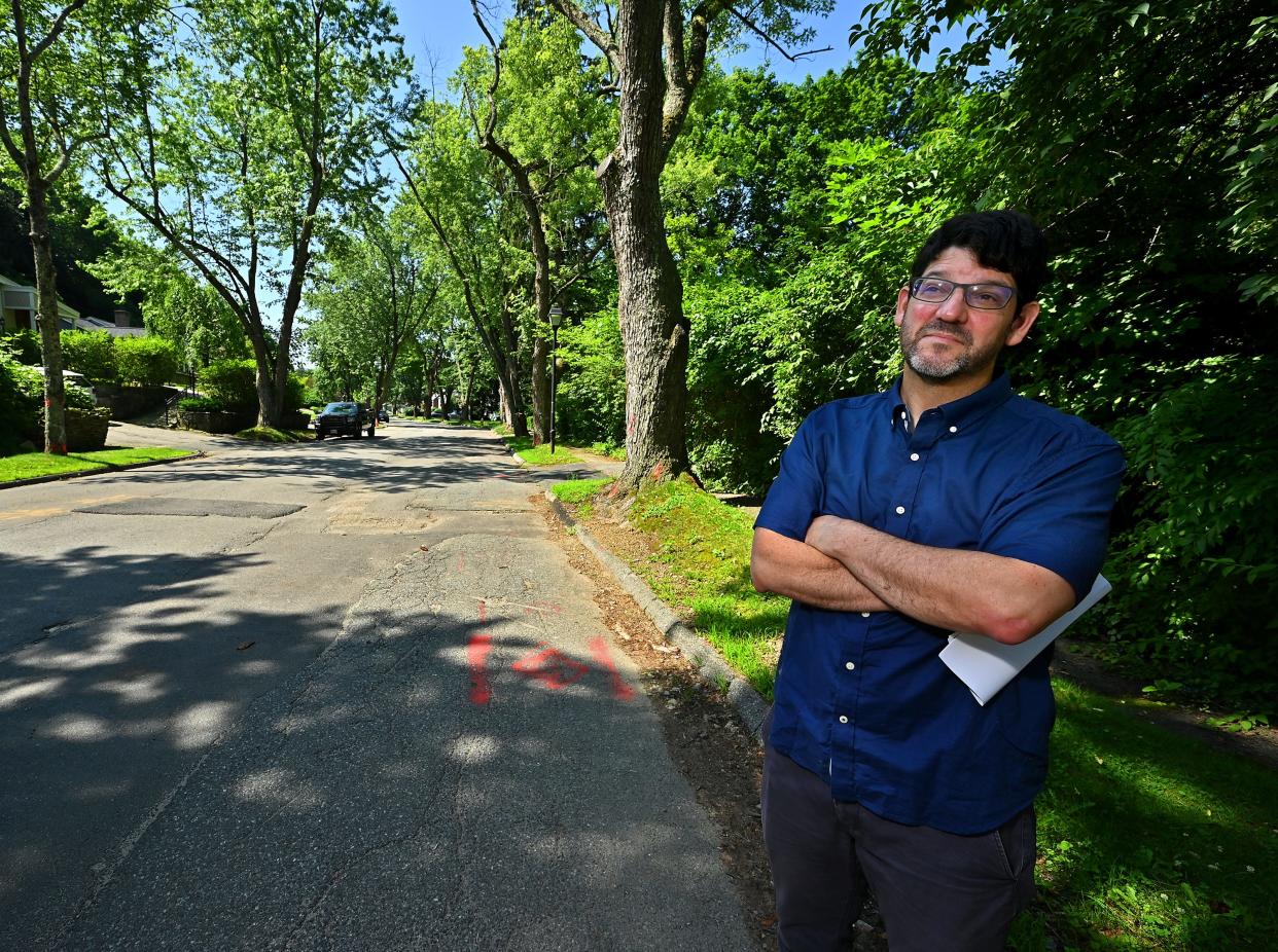 Terrace Drive resident Steve Levin, standing on adjoining Newton Avenue North, is furious the city plans to take down 40 trees in his neighborhood.