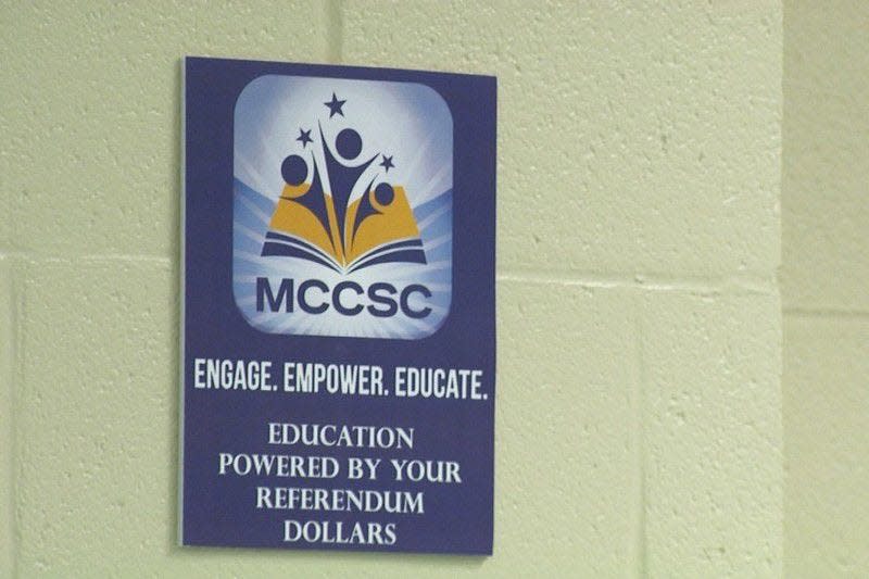 A sign about the 2016 MCCSC referendum is posted on the wall of an MCCSC school.