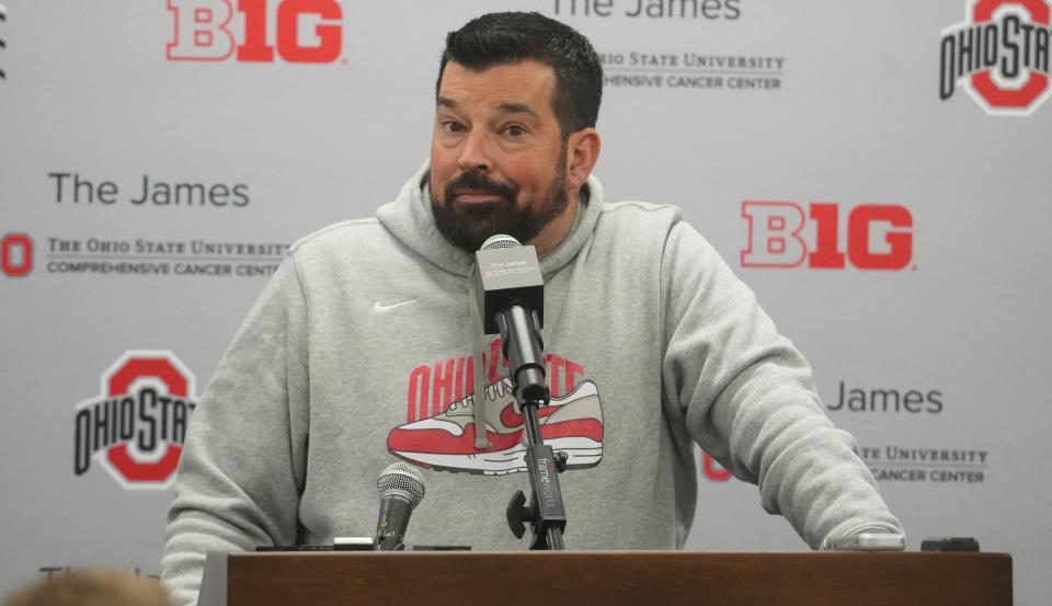 Mar 21, 2023; Columbus, OH, USA; Ohio State University football coach Ryan Day answers a question about quarterbacks during the 2023 Spring Practices. Mandatory Credit: Doral Chenoweth-The Columbus Dispatch