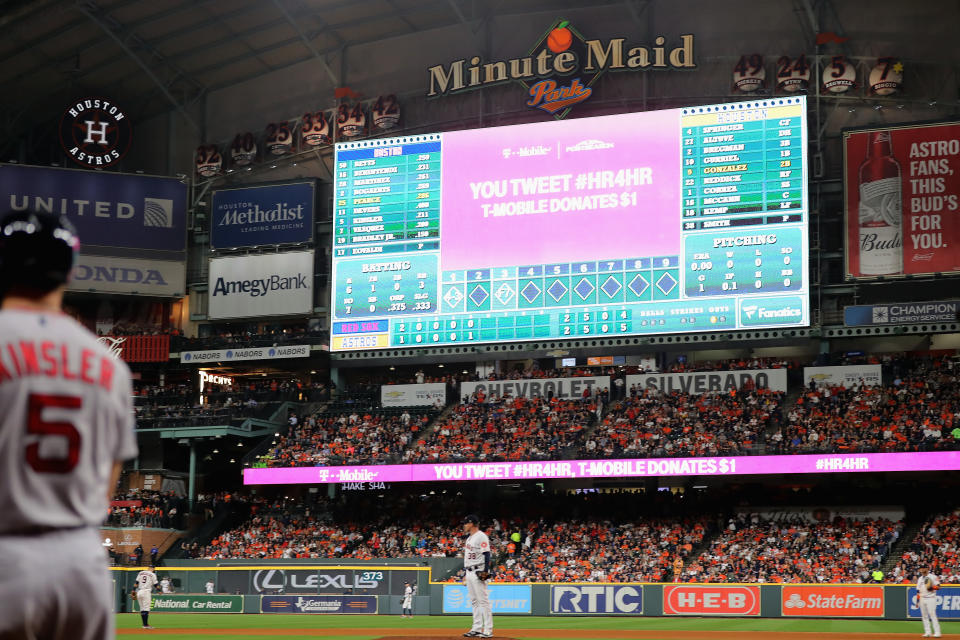 The Astros are accused of running a high-tech sign-stealing scheme during their 2017 World Series-winning season. (Photo by Elsa/Getty Images)