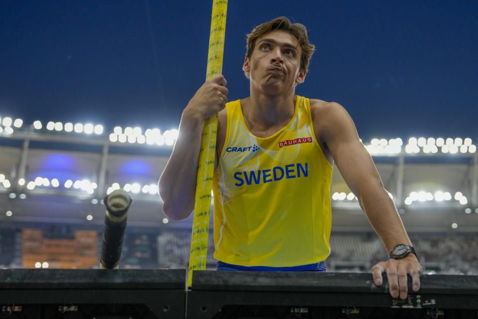 Armand Duplantis, of Sweden, competes in the Men's pole vault final during the World Athletics Championships in Budapest, Hungary, Saturday, Aug. 26, 2023. (AP Photo/Ashley Landis)